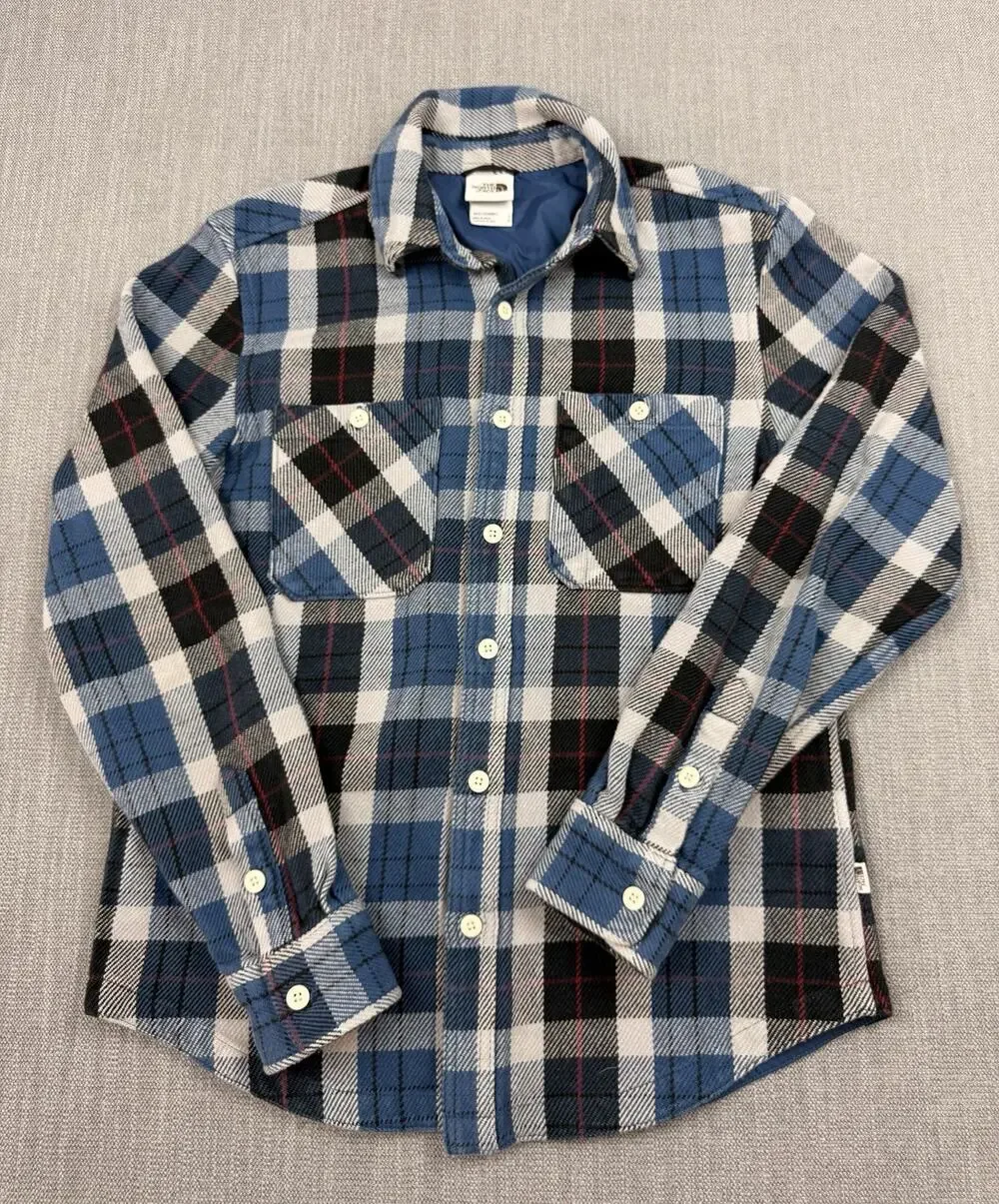 North Face Men Small Valley Twill Flannel Button Shirt Thick Cotton Plaid Blue